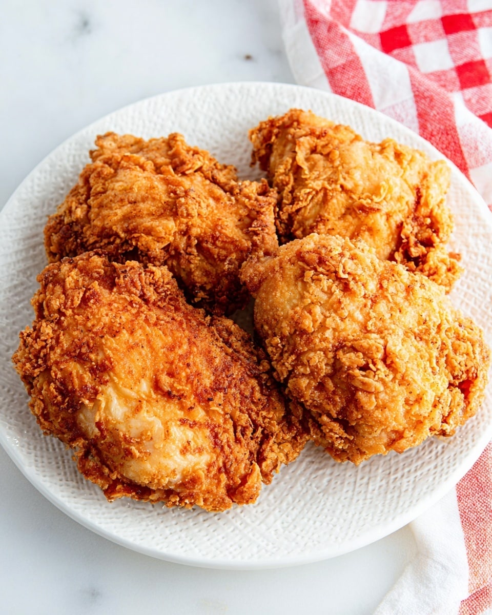 The image shows three pieces of crispy fried chicken placed closely on a white plate with a textured pattern. Each piece has a rough, golden-brown crust with varied bumps and ridges that give a crunchy look. The fried chicken has patches of lighter and darker golden color, highlighting the crispy coating. The plate rests on a white marbled surface with part of a red and white checkered cloth visible on the side. photo taken with an iphone --ar 4:5 --v 7