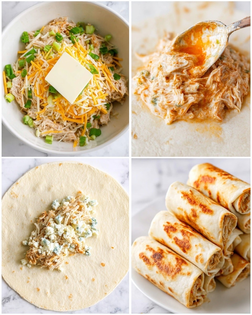 The image shows a four-step process of making stuffed tortillas. The first layer is shredded cooked chicken mixed with chopped green onions and shredded yellow cheese in a white bowl, topped with a square of cream cheese and some orange sauce in the center. The second close-up shows the creamy chicken mixture being mixed with the orange sauce and green onions. The third layer shows a soft, light beige tortilla flat on the white marbled surface, with a spoonful of the creamy shredded chicken mixture in the center, sprinkled with crumbled white cheese with blue veins. The last frame shows five rolled and browned tortillas with golden crispy patches placed on a white plate on the white marbled texture. photo taken with an iphone --ar 4:5 --v 7