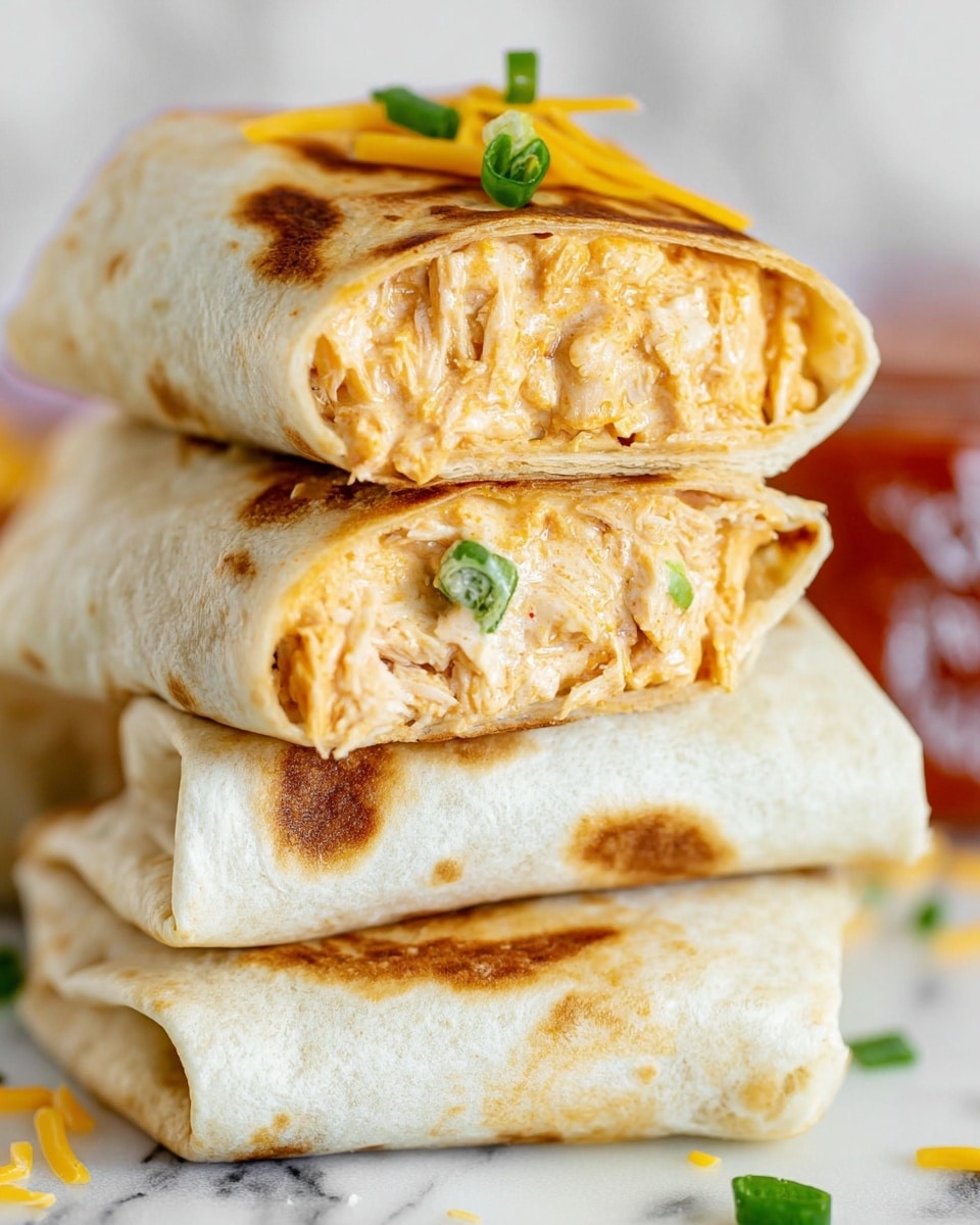 The image shows a close-up of a stack of four burritos on a white marbled surface. The burritos have a light golden toasted tortilla wrap with some browned spots. The top burrito is cut in half, showing a creamy, light orange filling with small green bits, and shredded texture inside. On top of the cut burrito, there are small pieces of shredded yellow cheese and chopped green onions adding fresh green and yellow colors. The stack of burritos looks soft with slightly crispy edges. Photo taken with an iphone --ar 4:5 --v 7