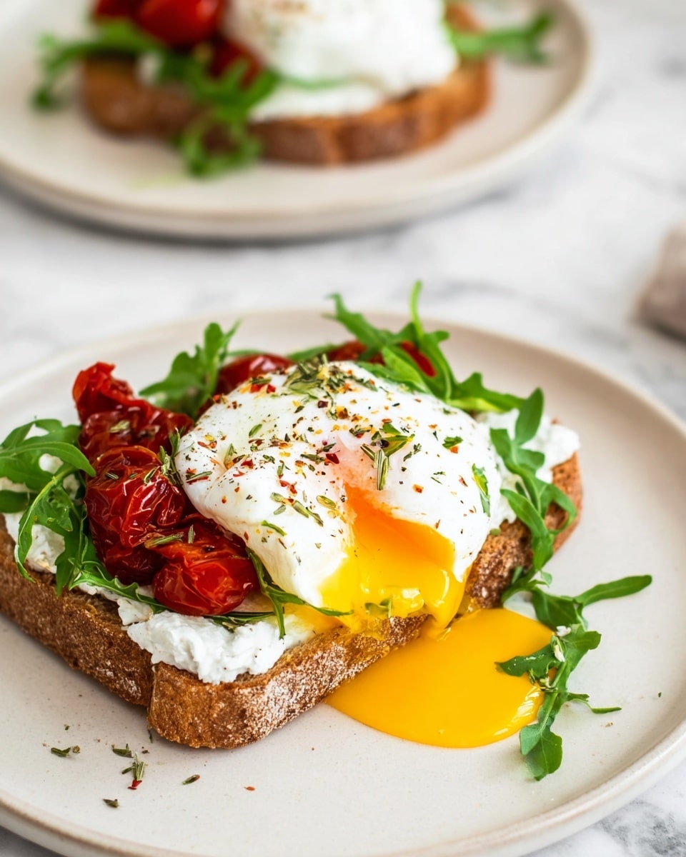 The image shows a white plate with one slice of toasted brown bread at the bottom. On top of the toast, there is a layer of white soft cheese spread unevenly, followed by fresh green arugula leaves scattered over the cheese. Above the greens, there are some roasted red cherry tomatoes placed on one side, adding a pop of color. The toast is topped with a poached white egg, split open in the middle, letting vibrant yellow yolk run down the sides and onto the plate. The egg is sprinkled with black pepper and dried herbs. The plate is set on a white marbled surface, giving a clean and bright background, with a blurred second plate visible in the back. Photo taken with an iphone --ar 4:5 --v 7