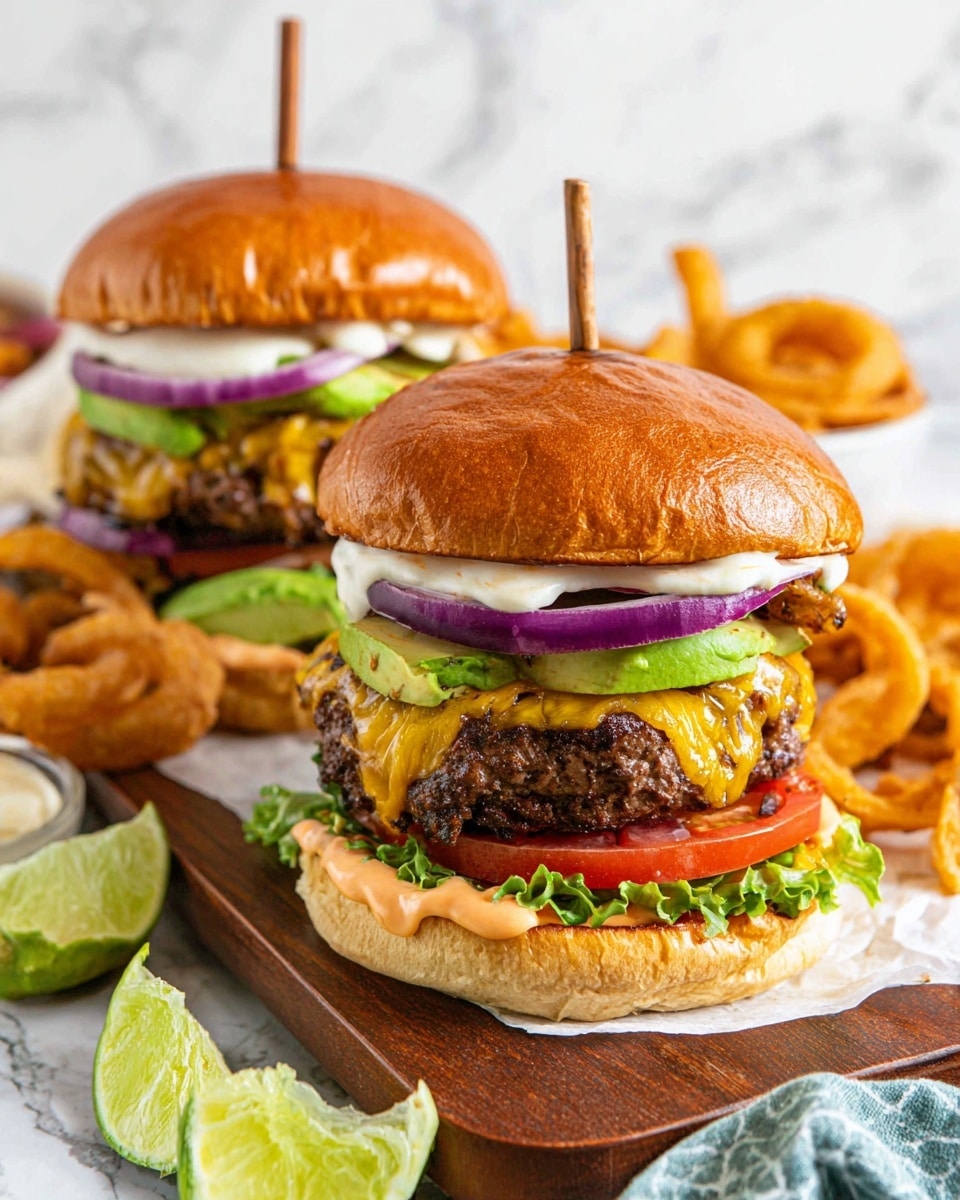 Two large burgers are placed on a wooden board on a white marbled surface. Each burger has six layers from bottom to top: a shiny brown bun base with a light orange sauce, green leafy lettuce, thick purple onion slices, thick red tomato slices, a grilled beef patty topped with melted yellow cheddar cheese, green avocado slices, more white sauce with seasoning, and a shiny brown top bun with a small bamboo skewer holding it all together. Around the board are lime wedges, onion rings, and some crinkled fries. Photo taken with an iphone --ar 4:5 --v 7