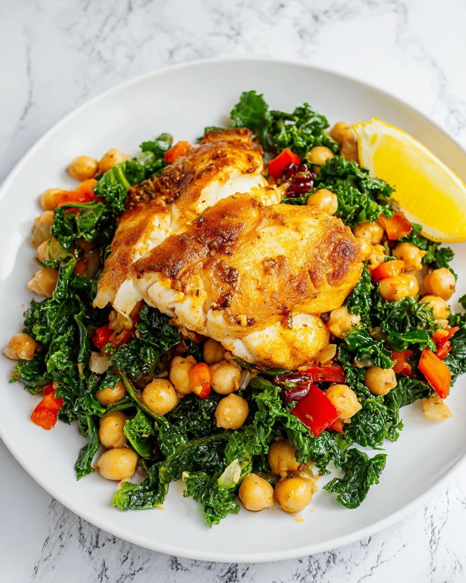 The image shows a white plate on a white marbled surface with a dish made of two main layers. The bottom layer is a mix of chickpeas, bright green kale leaves, and small diced red and orange vegetables, scattered evenly across the plate. The top layer is a piece of golden-brown, lightly browned cooked fish with a slightly crispy texture. On the side of the plate, there is a wedge of lemon adding a touch of yellow. The overall look is warm, colorful, and fresh. photo taken with an iphone --ar 4:5 --v 7