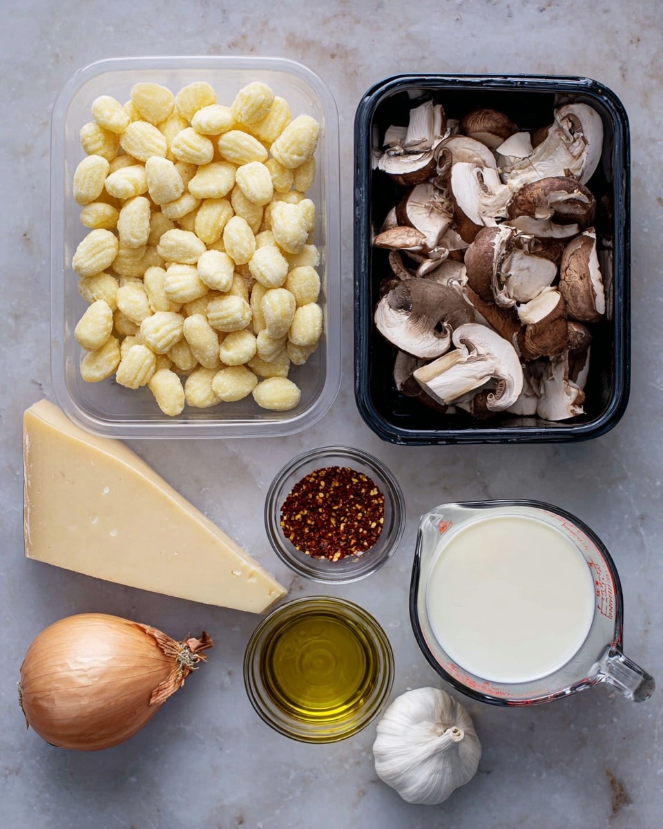 The image shows several cooking ingredients arranged neatly on a white marbled surface. In the top left is a clear plastic tray filled with small, yellowish gnocchi pieces that have a textured, ridged surface. To the right of the gnocchi is a black plastic container holding sliced mushrooms, mostly light brown and white with rough, uneven edges. Below the tray of gnocchi is a whole yellow onion with papery skin next to a single garlic clove wrapped in white skin. Near the center bottom sits a small clear glass bowl filled with red chili flakes. To the right of the chili flakes is another clear glass bowl with golden olive oil. Above both bowls, toward the center of the image, there is a large triangular wedge of pale yellow cheese with a slightly rough texture. Finally, on the far right is a glass measuring cup filled with white cream or milk, showing light reflections on the liquid surface. Photo taken with an iphone --ar 4:5 --v 7