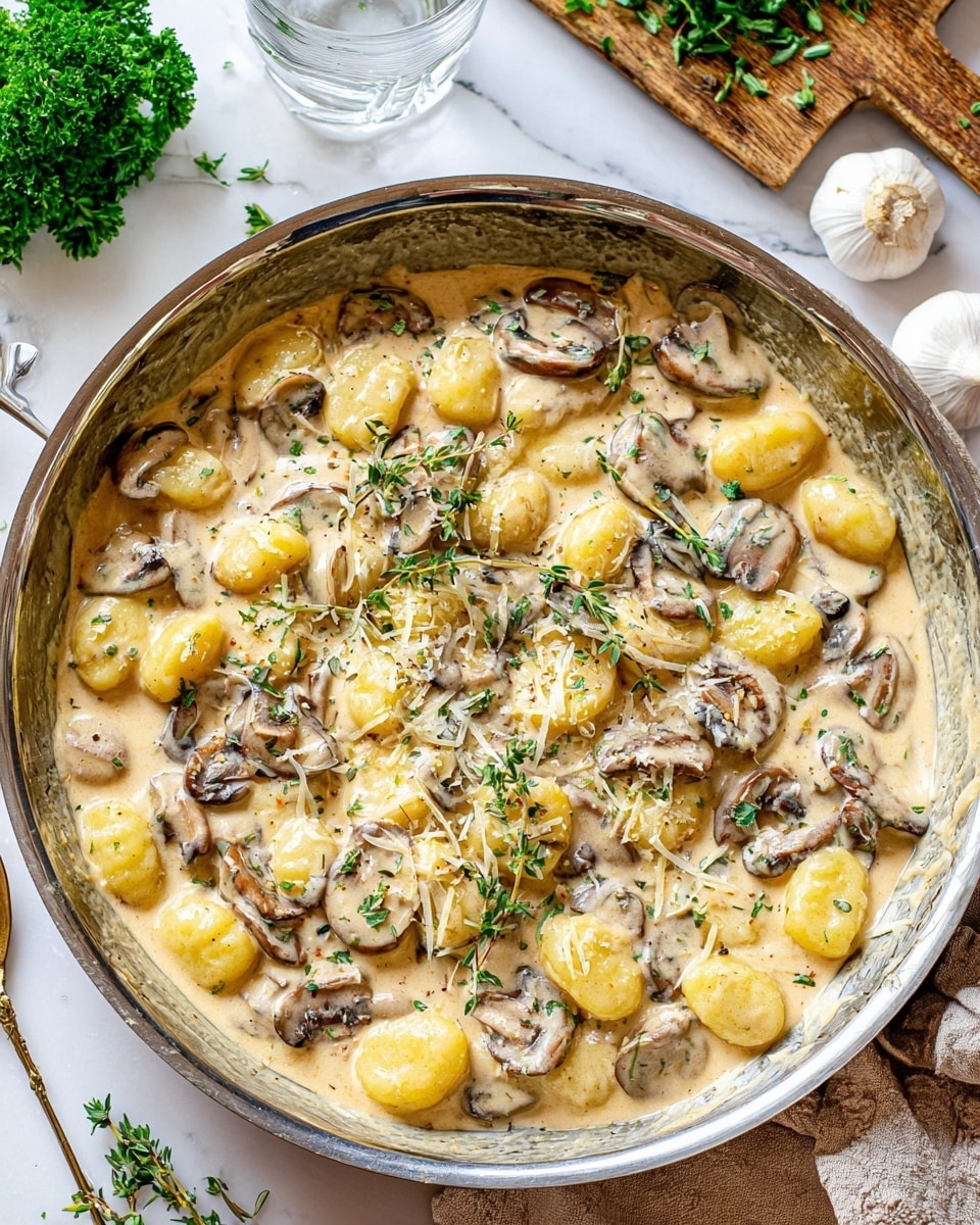 The image shows a metal pan filled with soft, round yellow gnocchi mixed with sliced brown and white mushrooms. The dish is covered in a thick creamy sauce with a light beige color, speckled with small herbs. Fresh green thyme sprigs lay on top, adding a touch of color, along with scattered bits of grated pale yellow cheese and chopped green parsley. The pan sits on a white marbled surface near some garlic, a glass of water, and a wooden board holding fresh green parsley. Photo taken with an iphone --ar 4:5 --v 7