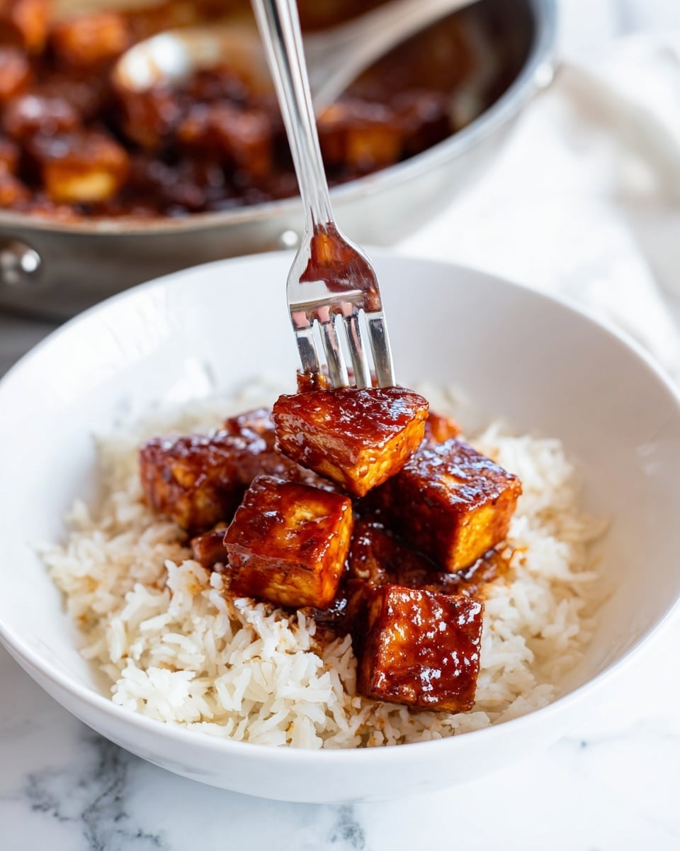 In a white bowl on a white marbled surface, there is a layer of cooked white rice with a slightly fluffy texture. On top of the rice, there are several shiny, dark reddish-brown cubes of tofu coated in a thick, glossy sauce. A fork is piercing one of the tofu pieces, lifting it slightly above the bowl. In the background, there is a blurred metal pan with more tofu and sauce inside. The whole scene looks bright and fresh, with natural light highlighting the glossy texture of the tofu and the softness of the rice. Photo taken with an iphone --ar 4:5 --v 7