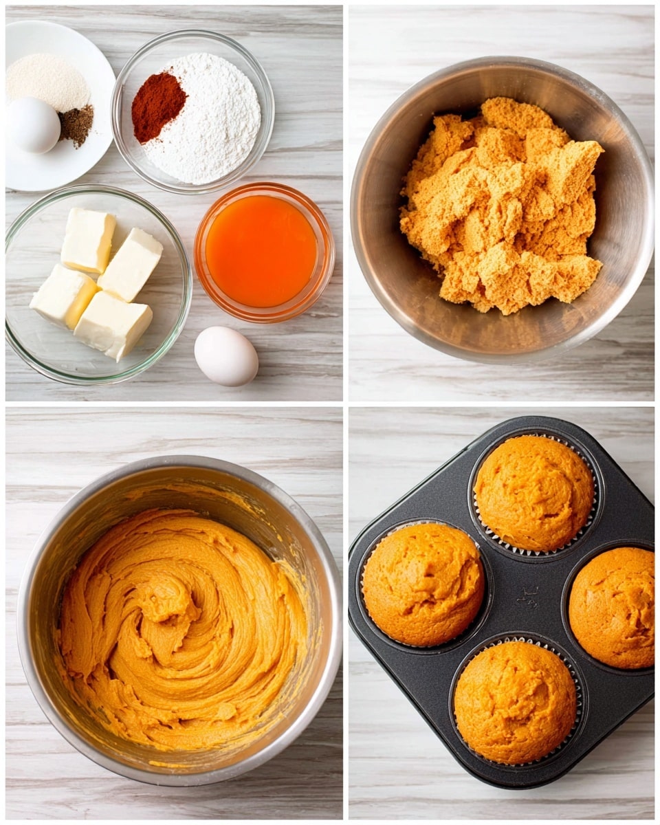 The image shows four photos in a grid on a white marbled surface: top left has ingredients laid out including a bowl of white flour, white sugar, two white eggs, butter cubes in a small glass bowl, a glass measuring cup with bright orange puree, and a white plate holding white powder and small amounts of dark spices; top right shows a silver mixing bowl filled with light orange rough dough; bottom left has the same metal bowl with a smooth light orange batter being mixed; bottom right displays a black four-cup muffin tray holding four golden-orange baked muffins with slightly cracked tops. photo taken with an iphone --ar 4:5 --v 7