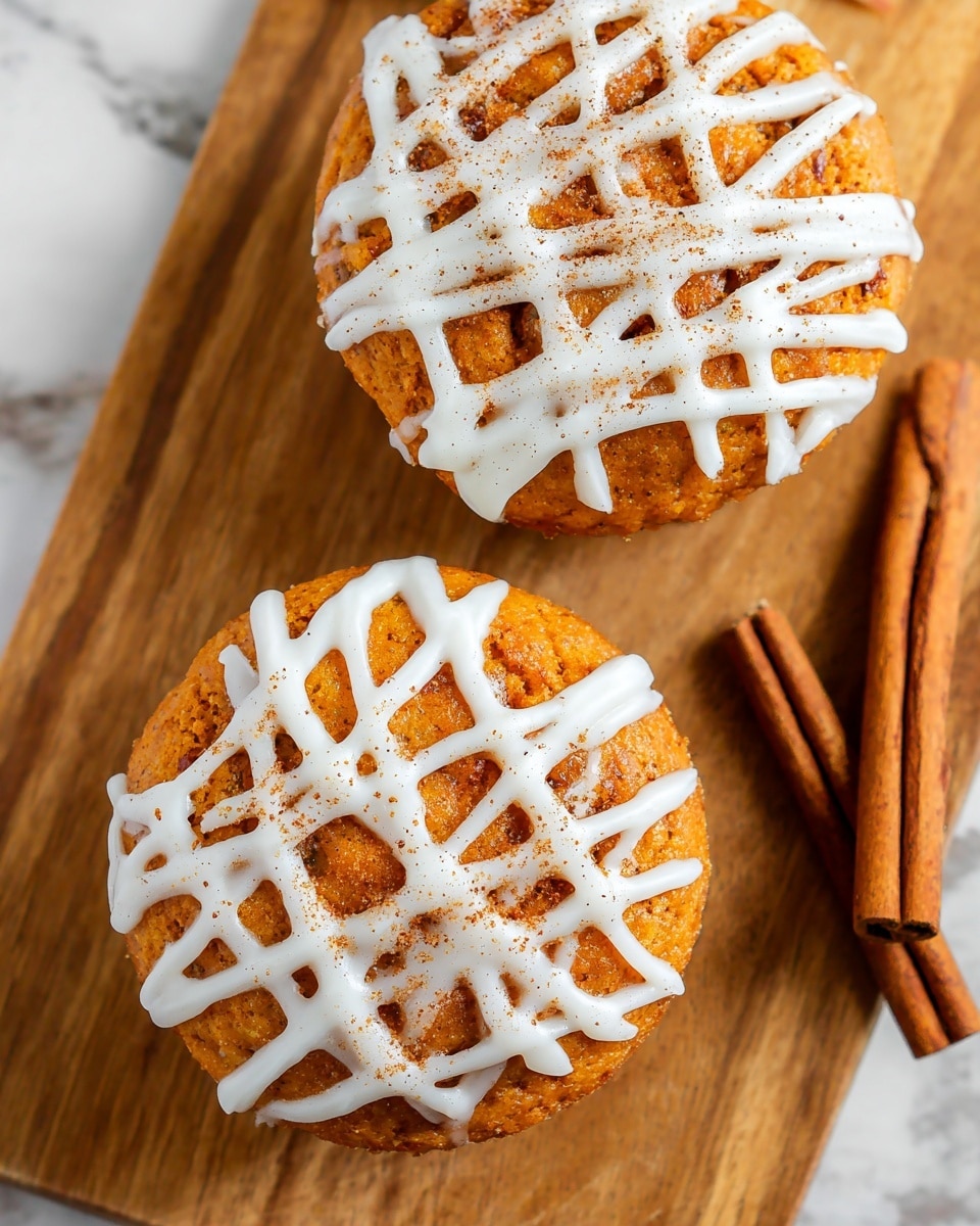 The image shows two round pumpkin muffins with a slightly rough orange surface, each topped with a white icing drizzle applied in a crisscross pattern, creating a net-like effect over the muffins. One muffin is centered near the bottom, with the white icing slightly thicker in some areas and sprinkled lightly with cinnamon powder. The other muffin is placed diagonally above it, partially in frame, also decorated with the same icing drizzle and dusted with cinnamon. The muffins rest on a wooden board with warm tones, and two cinnamon sticks lie nearby to the right. The background is a white marbled texture. photo taken with an iphone --ar 4:5 --v 7