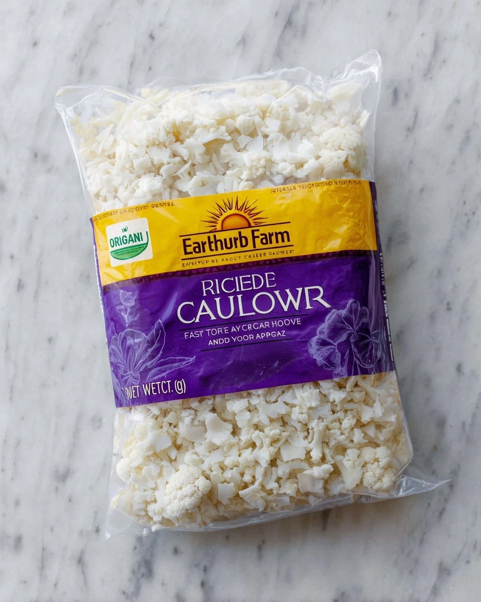 A transparent plastic bag filled with small white rice-like pieces of cauliflower on a white marbled surface. The packaging has a wide purple band across the top third with white text reading