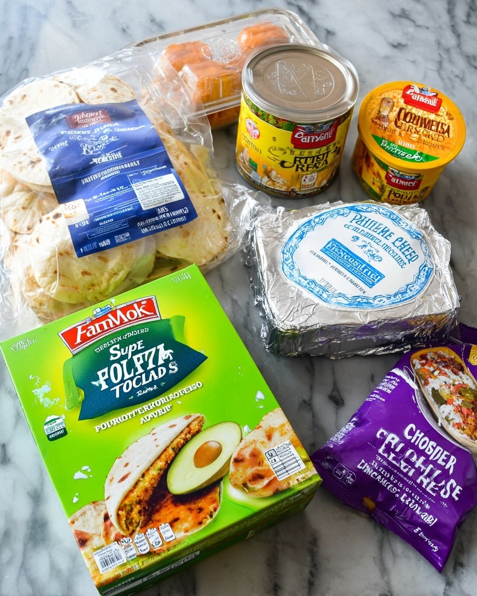 The image shows six food items arranged on a white marbled surface. In the front left, there is a clear plastic package of super soft flour tortillas with a yellow and blue label. Next to it, a green box of FarmRich avocado slices with images of crispy coated avocado pieces is placed. Behind the green box, there is a silver foil-wrapped block of Philadelphia original cream cheese with blue text. On the right, a clear plastic container holds a whole roasted chicken with a red and white label. Leaning to the left is a yellow can of Old El Paso green chile enchilada sauce with a picture of enchiladas. At the back, a purple packet of shredded Colby and Monterey Jack cheese is visible. photo taken with an iphone --ar 4:5 --v 7