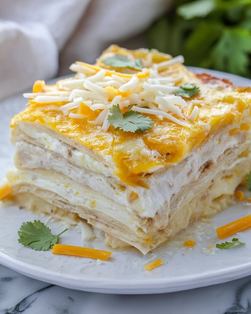 A square slice of layered casserole sits on a white plate with a white marbled background. The dish has multiple thin layers; the bottom layers are pale and soft, likely tortilla or flatbread, followed by creamy white cheese layers, and then more pale layers mixed with a smooth yellow cheese topping. The top is covered with shredded white and yellow cheese and small green cilantro leaves scattered on it. Small cheese shreds and a few cilantro leaves are also on the plate around the slice. Photo taken with an iphone --ar 4:5 --v 7