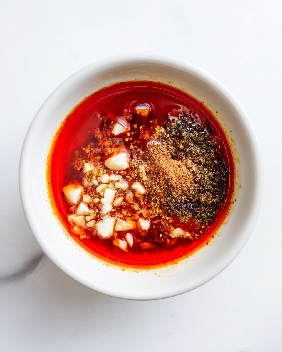 A white bowl sits on a white marbled surface filled with a liquid sauce that has three visible layers: a bright red oily liquid forming the base and edges, a layer of small chopped white pieces scattered mostly on the surface with some sunk just below, and a dark coarse ground spice mound concentrated on the right side of the bowl. The textures contrast between the smooth red oil, the chunky white bits, and the grainy dark spice. Photo taken with an iphone --ar 4:5 --v 7