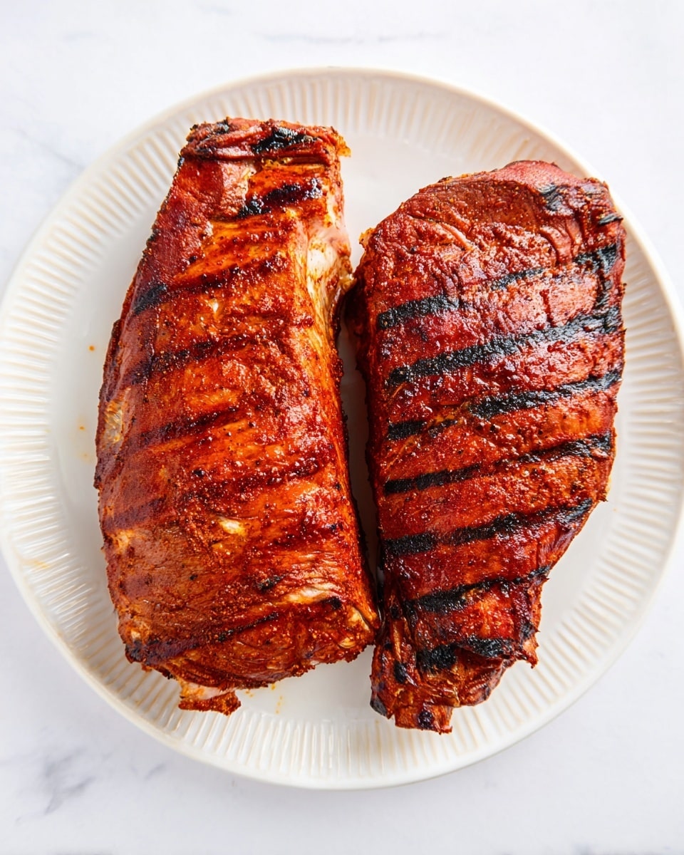 Two large grilled pieces of reddish-brown seasoned meat sit side by side on a white plate. The surface of the meat shows clear grill marks and a slightly charred texture, with a shiny, juicy look. The top piece is lighter in color with some golden highlights, while the bottom piece is darker with more charred spots. The white plate has subtle ridges around the edges, resting on a white marbled texture. photo taken with an iphone --ar 4:5 --v 7