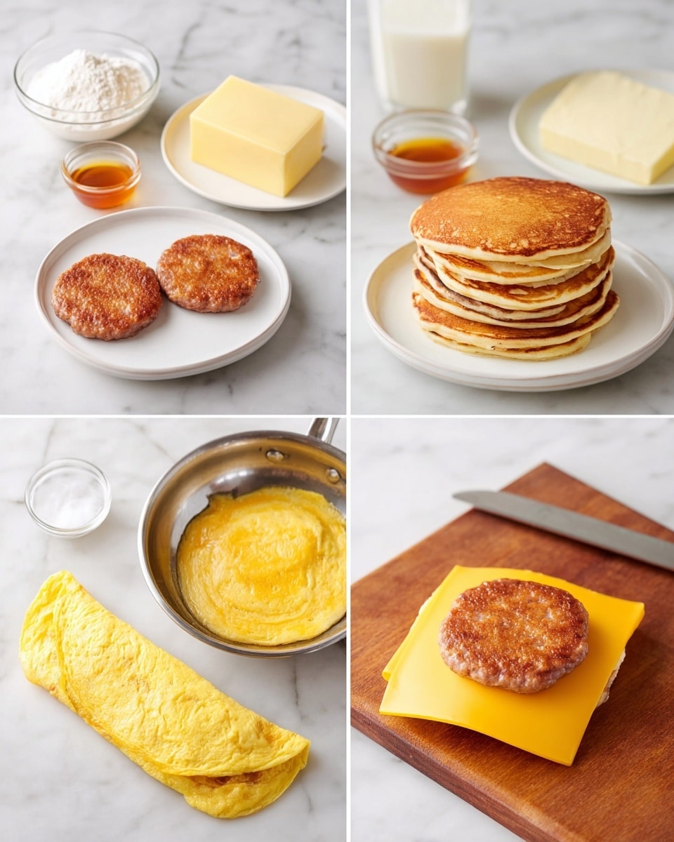 The image shows a breakfast sandwich being made in four steps on a white marbled surface. The first part displays ingredients on white plates and in bowls: two cooked golden-brown sausage patties on a plate, two eggs, a glass of milk, two slices of yellow cheese, flour in a metal bowl, and honey in a small container. The second part shows a stack of four thick, fluffy pancakes with a golden-brown top, placed on a white plate. The third part features a omelet folded neatly in a pan, with a bright yellow, smooth texture. The fourth part shows a close-up of an open sandwich on a wooden cutting board: a round sausage patty on top of a yellow folded omelet and a slice of yellow cheese. Photo taken with an iphone --ar 4:5 --v 7