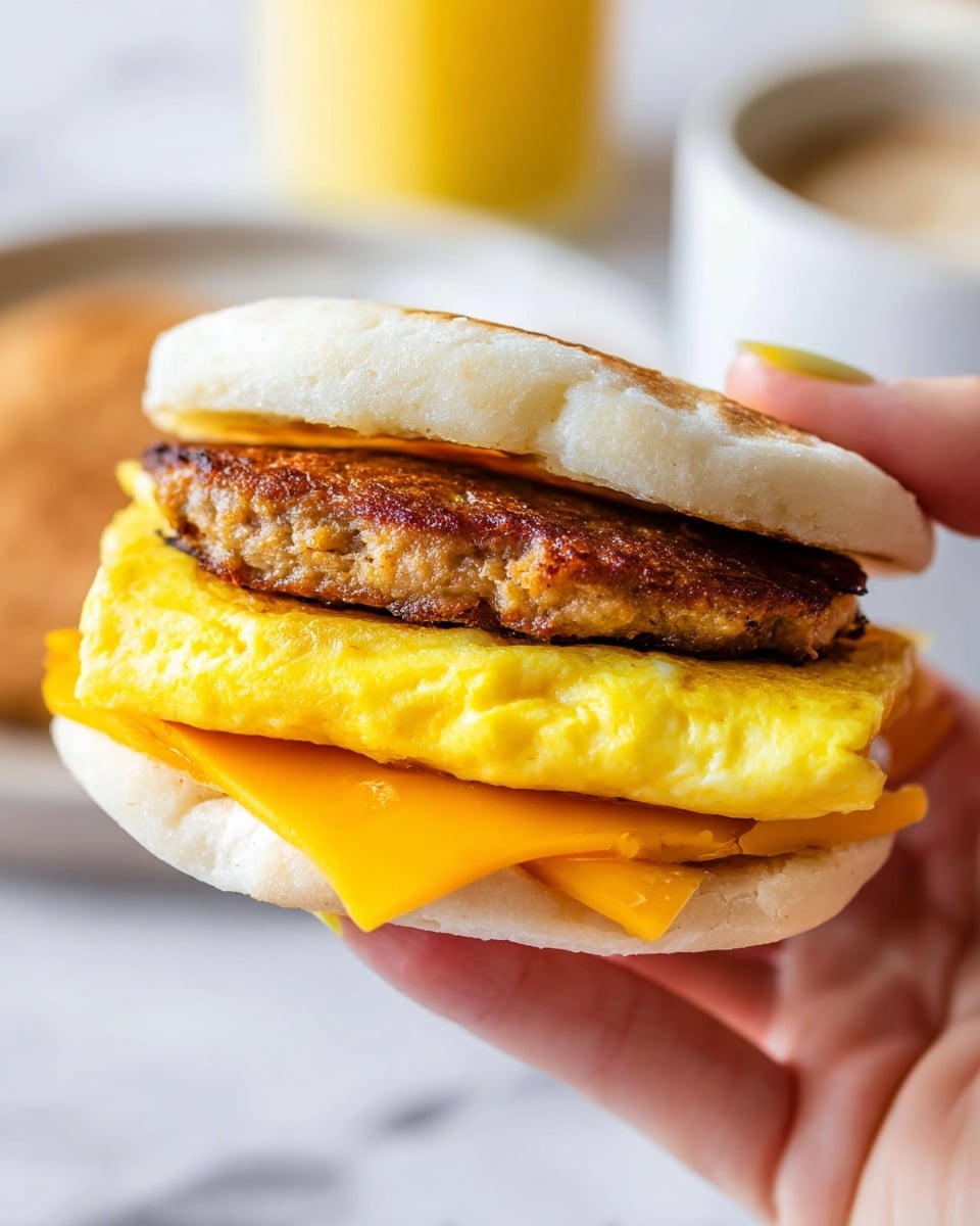 A sandwich held by a woman's hand shows four visible layers on a white English muffin base. The bottom layer is a slice of melted bright orange cheese, softened and slightly folded over the edges of the muffin. Above that is a thick, folded, bright yellow fluffy egg omelet with a soft texture. On top of the egg is a browned sausage patty with a slightly textured crust. The sandwich is finished with the top half of the white English muffin, which is soft with small air holes on the surface. The background has a white marbled texture with blurred out objects in soft yellow and white tones. photo taken with an iphone --ar 4:5 --v 7
