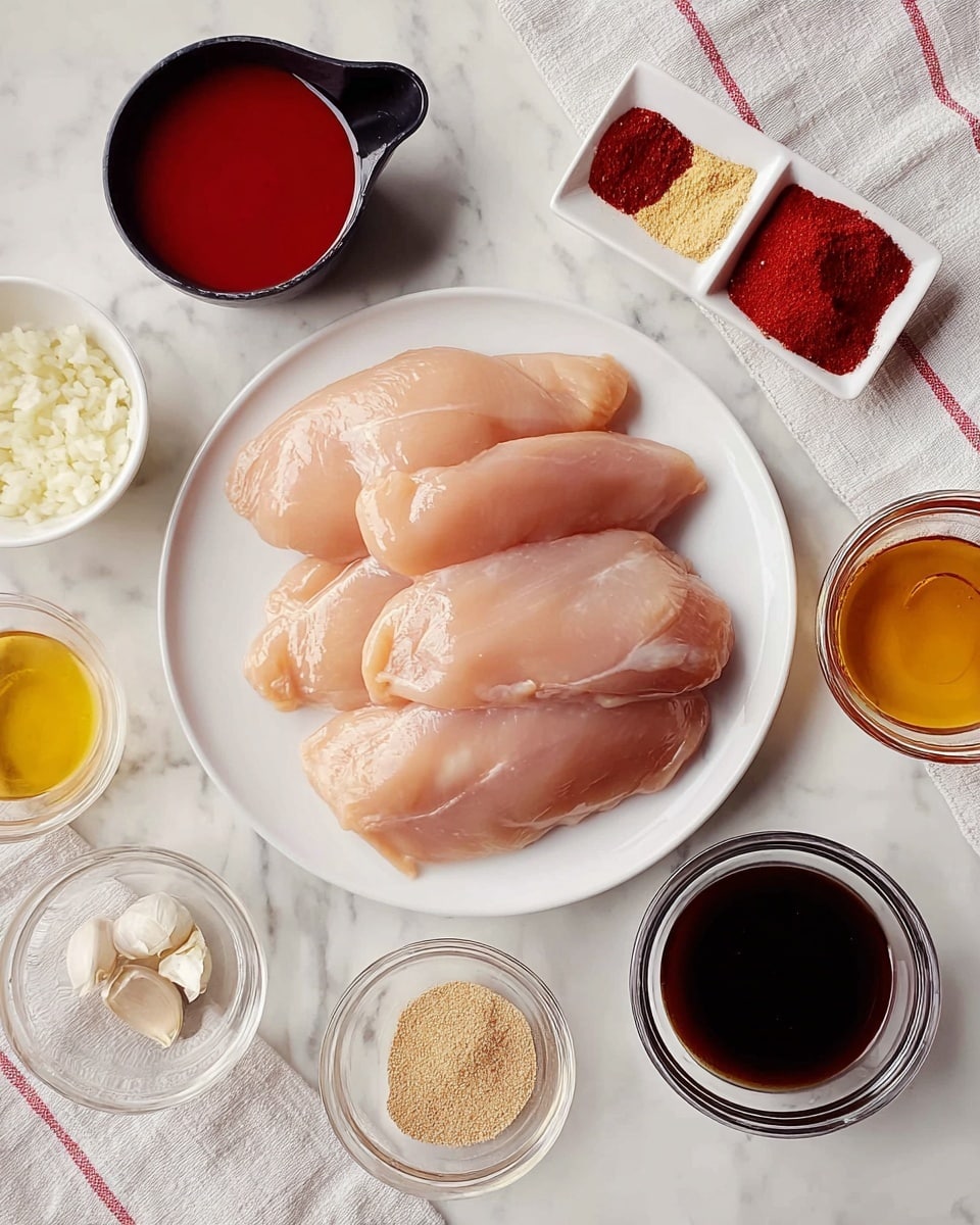 In the center, there is a white plate with five pieces of raw chicken fillets that have a pale pink, smooth, and glossy surface, slightly overlapping each other. Surrounding the plate are small white bowls and measuring cups filled with ingredients: a black measuring cup with bright red sauce in the top left, a small white bowl with four sections of spices including red powder, white salt, yellow powder, and brown powder directly below it; another small clear bowl with minced garlic to its left; a white measuring cup with light brown powder below the chicken plate; to the right of the plate, three glass measuring cups filled with dark brown soy sauce at the bottom, golden honey in the middle, and dark red liquid at the top. All items are placed on a white marbled surface with a light-colored striped cloth underneath. Photo taken with an iphone --ar 4:5 --v 7