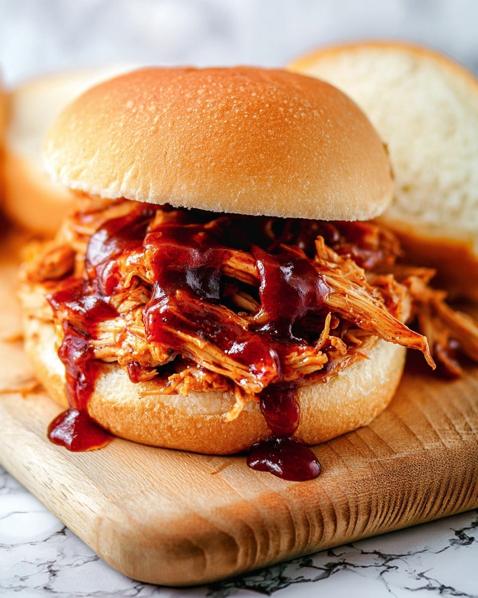 A close-up view of a sandwich on a soft, golden brown bun with a slightly shiny top layer. The sandwich has three main layers visible from bottom to top: a base layer of shiny barbecue sauce dripping over the edges, a thick middle layer of tender, light brown shredded chicken coated in more barbecue sauce, and a top layer of creamy coleslaw made of shredded white cabbage and orange carrots with a light dressing. The sandwich sits on a round wooden board with a white marbled surface in the background. Photo taken with an iphone --ar 4:5 --v 7