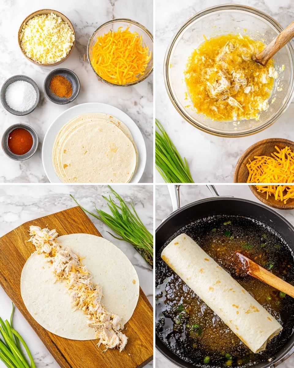 The image shows four scenes of making a rolled chicken dish. In the first scene, ingredients are neatly placed on a white marbled surface: shredded chicken, shredded yellow cheese, white cream cheese, small bowls with salt, black pepper, hot sauce, and spices, and a stack of soft white tortillas on a white plate. The second scene is a close-up of a clear glass bowl mixing shredded chicken, bright yellow cheese, and cream cheese, with spices on top and a wooden spoon inside. The third scene shows a white tortilla open on a wooden board with a line of chicken mixture spread along one edge, green herbs next to it. The fourth scene shows the rolled tortilla frying in hot bubbling oil inside a black pan, with green onions and herbs on a wooden surface next to the pan. photo taken with an iphone --ar 4:5 --v 7