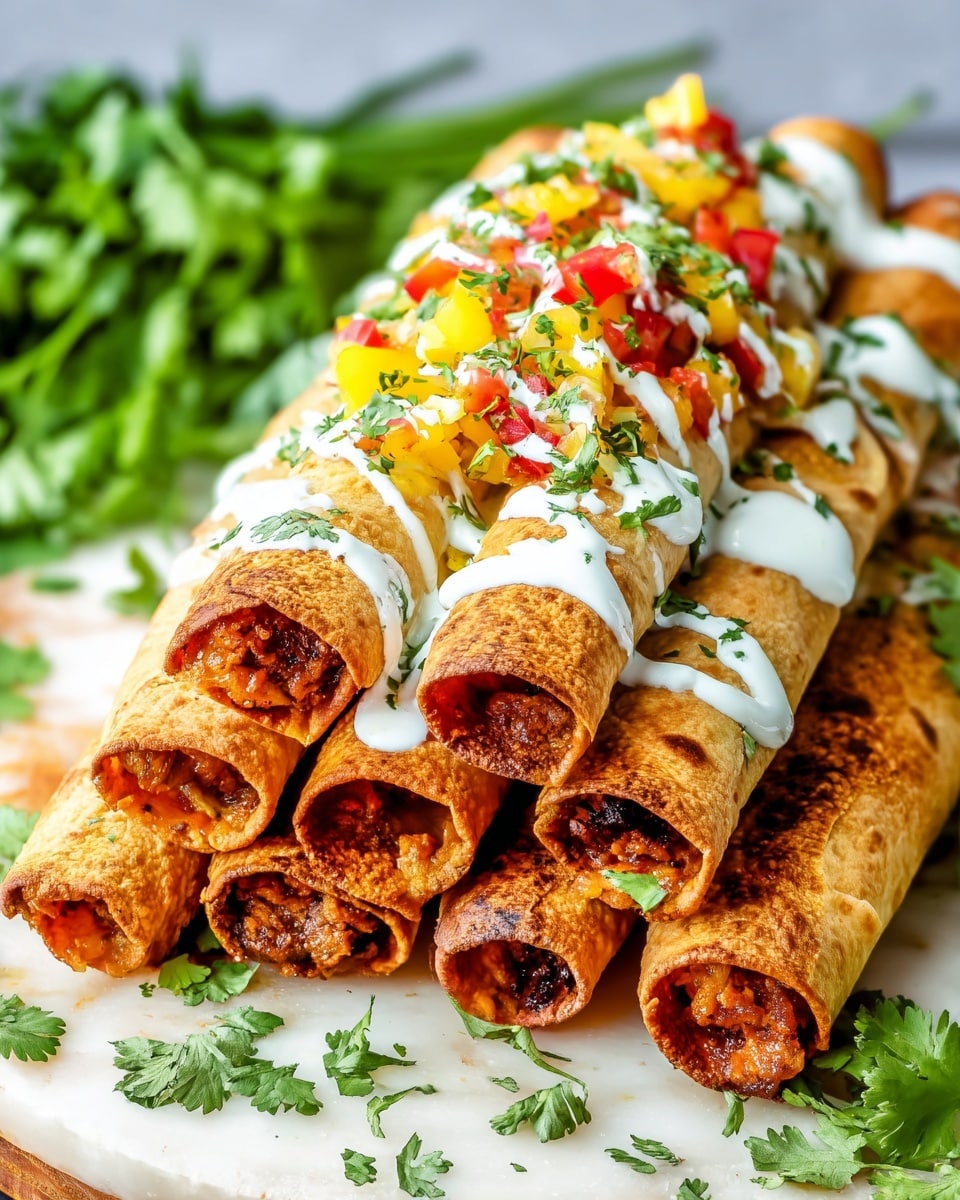 The image shows a stack of golden brown rolled taquitos arranged in two layers on a white marbled surface; the bottom layer has a cluster of five taquitos closely packed, while the top layer holds four more taquitos placed on them. The taquitos have a crispy texture with browned spots, and they are topped generously with white creamy sauce drizzled in lines. On top of the sauce, there is a colorful layer of diced yellow and red peppers mixed with green herbs. Cilantro leaves are scattered around the taquitos for garnish. In the background, some fresh green cilantro bunches are slightly blurred. photo taken with an iphone --ar 4:5 --v 7