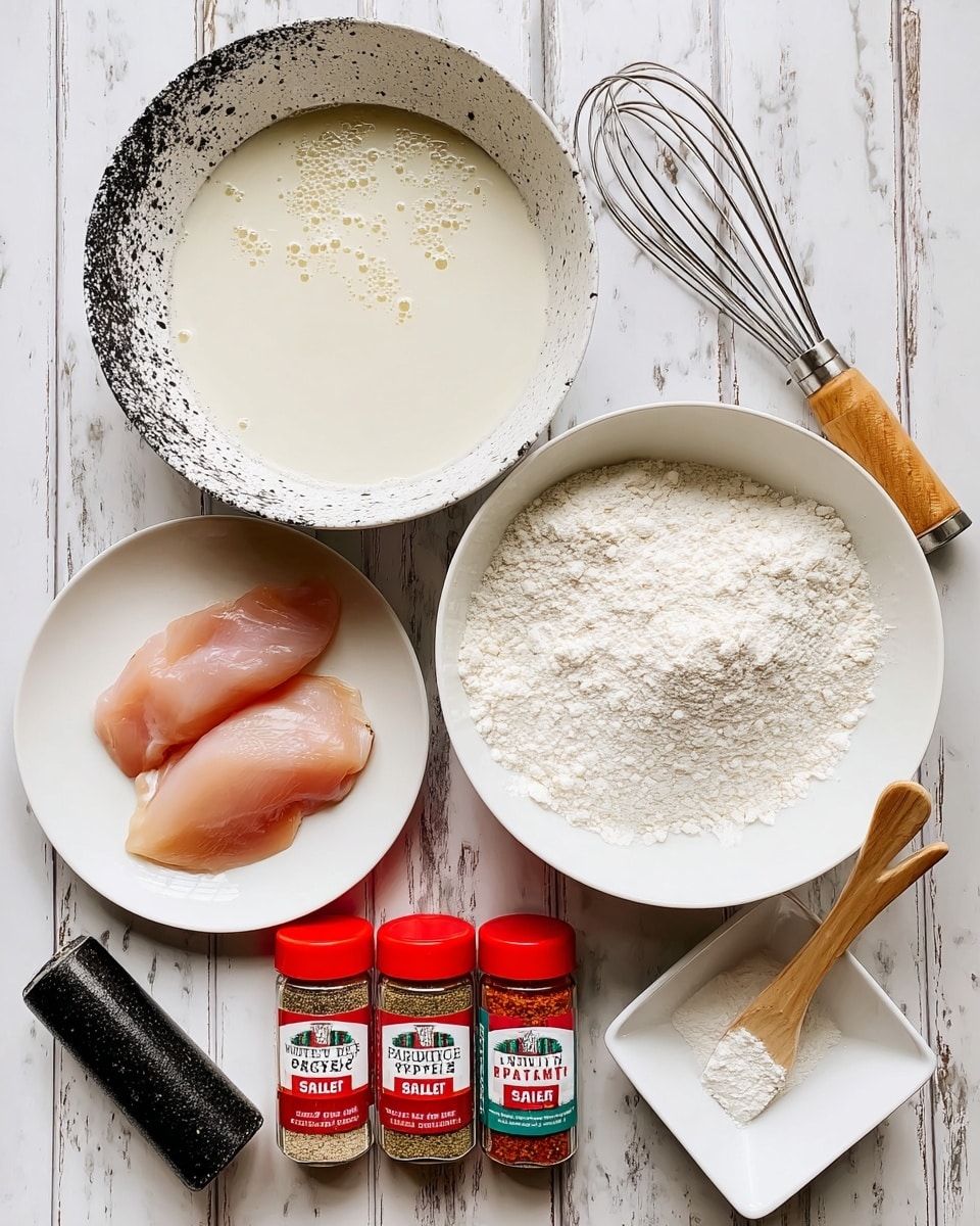 The image shows a top view of several cooking ingredients neatly arranged on a white marbled surface. At the top center is a large white bowl with dark speckled edges, filled with a creamy, off-white liquid with some bubbles. Below it is another large white bowl with the same speckled edges, filled with white flour. To the left is a white plate holding three uncooked pieces of raw chicken, light pink in color. Between the bowls and the plate are three spice jars with red lids, labeled Italian seasoning, garlic salt with parsley, and paprika, arranged side by side. To the right of the spices, there is a black cylinder of black pepper laying horizontally next to a metal whisk with a wooden handle. At the bottom right, there is a small white square bowl holding a wooden spoon with a white powder. Photo taken with an iphone --ar 4:5 --v 7