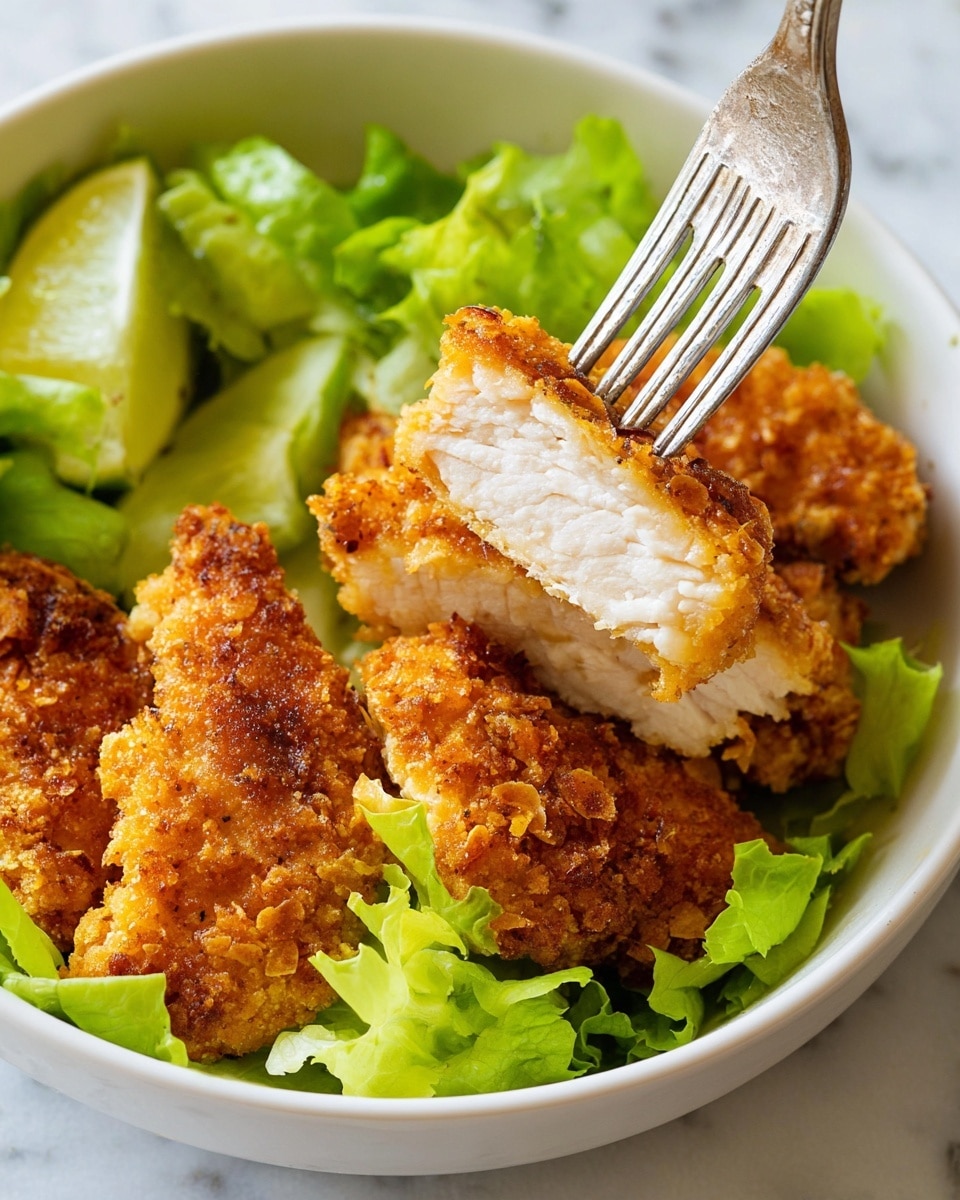 The image shows a white bowl filled with golden brown crispy fried chicken pieces with a crunchy texture on top. One piece is held by a fork, showing the white inside layer of the tender chicken. Under the chicken, there is a bed of fresh green lettuce leaves and a wedge of lime on the side, adding a touch of bright yellow-green color. The bowl is placed on a white marbled surface. photo taken with an iphone --ar 4:5 --v 7