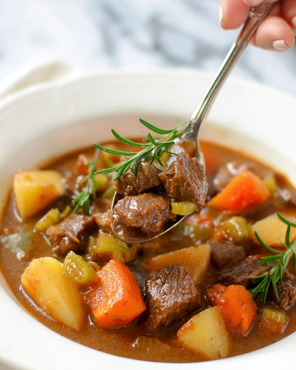 A close-up view of a white bowl filled with a stew consisting of multiple visible layers: chunks of brown meat scattered throughout, bright orange carrot slices, light yellow potato pieces, and small pieces of green celery, all immersed in a thick brown broth. The stew is garnished on top with a sprig of fresh green rosemary. A silver spoon is held by a woman's hand and is lifted above the bowl, showing a mix of meat, carrots, celery, and potatoes. The background has a white marbled texture. photo taken with an iphone --ar 4:5 --v 7