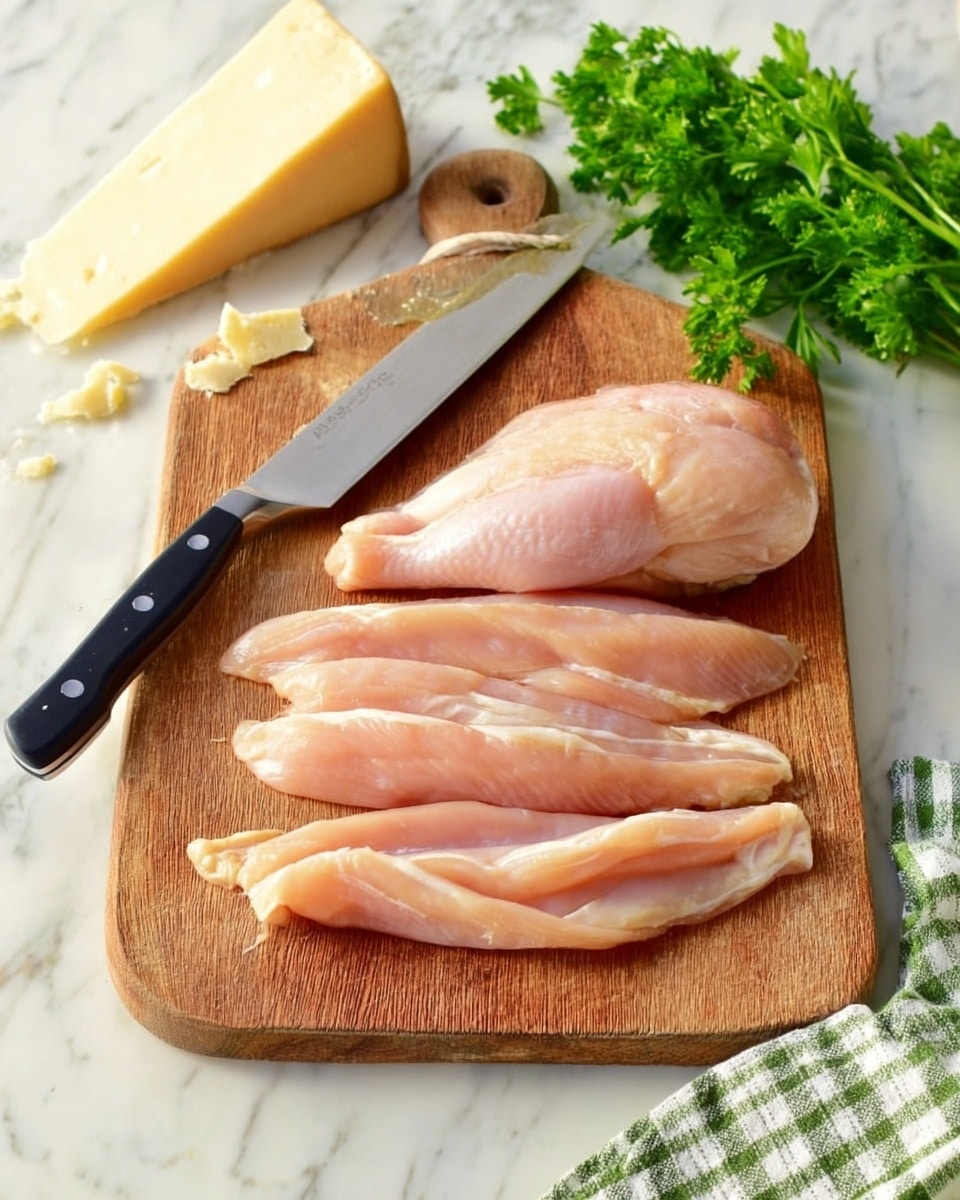 A wooden chopping board placed on a white marbled surface holds one large, whole raw chicken piece at the top and six raw chicken strips layered below it, showing a fresh pinkish color and smooth texture. To the left side of the board, there is a large shiny knife with a black handle resting diagonally. In the upper part of the image, a wedge of pale yellow cheese with a rough texture is placed next to a bunch of green fresh parsley. A green and white checkered cloth is partially visible at the bottom right corner of the image. Photo taken with an iphone --ar 4:5 --v 7