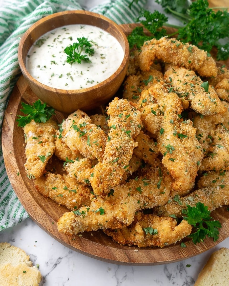 The image shows a wooden round board filled with crispy fried chicken strips coated in a golden crumb with green herbs sprinkled on top. The chicken strips are arranged in layers, some overlapping each other, with a few small green parsley leaves scattered across for color. On the left side of the board, there is a wooden bowl filled with creamy white dipping sauce, topped with a small parsley sprig. A green and white striped cloth is visible in the background, placed on a white marbled surface. Fresh green parsley leaves are seen on the right side and a small piece of light-colored bread or cracker is placed at the bottom corner photo taken with an iphone --ar 4:5 --v 7