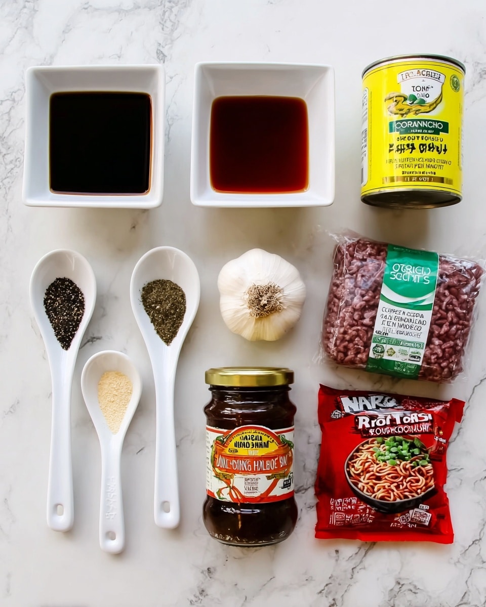 A top-down view of various cooking ingredients arranged neatly on a white marbled surface includes a white square dish filled with dark soy sauce, another white square dish filled with a reddish-brown liquid, a yellow can of corn starch standing upright, and a package of organic ground beef with green and white labeling. Below these, three white ceramic spoons hold a dark brown sauce, ground black pepper, and a light yellow powder. Next to the spoons is a jar of Asian Mandarin hoisin sauce with a golden lid, a whole bulb of garlic, and a packet of red-labeled Top Ramen beef flavor noodles. photo taken with an iphone --ar 4:5 --v 7