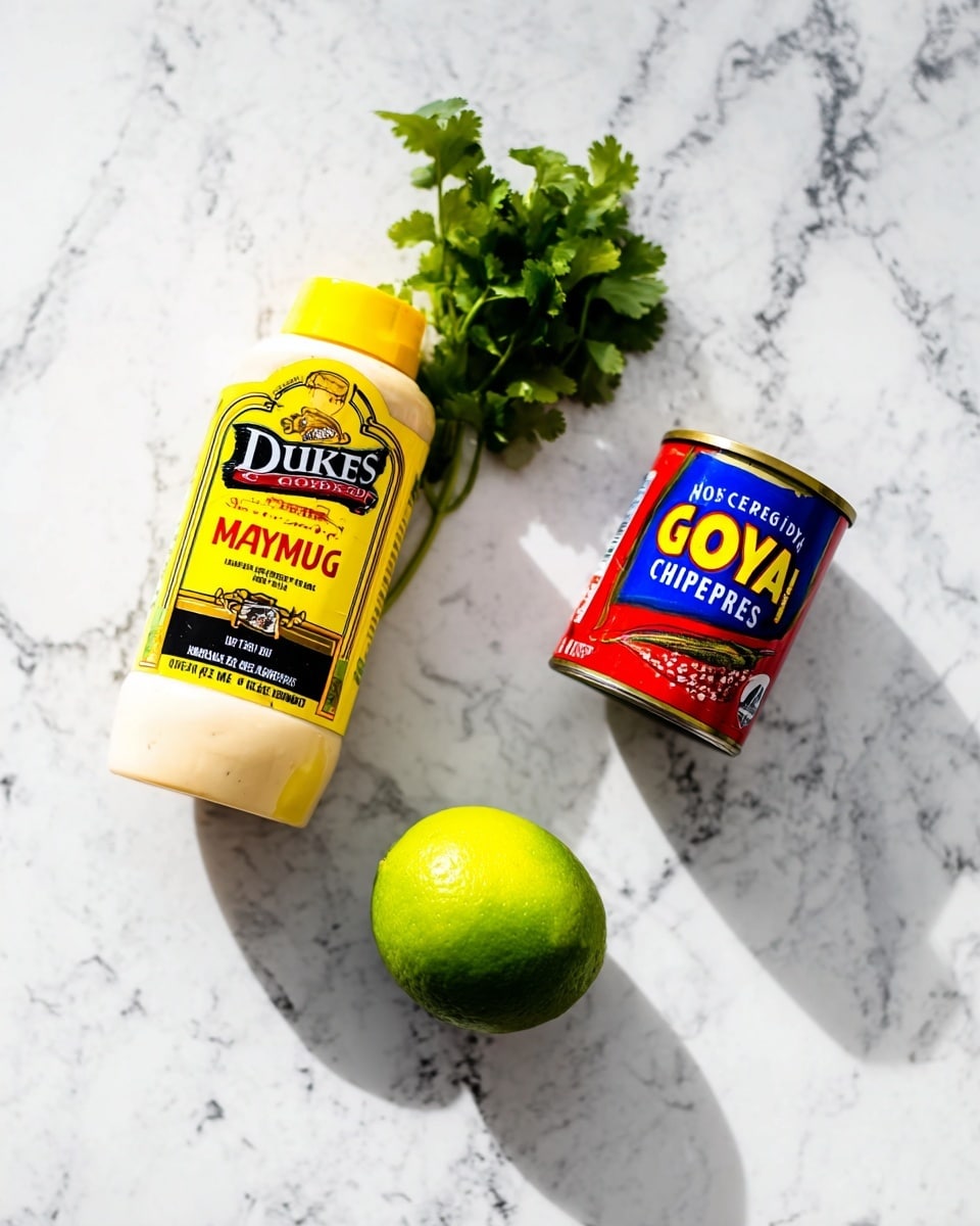 The image shows three ingredients placed on a white marbled surface: a large bottle of Duke’s Real Mayonnaise with a yellow and black label standing upright on the left, a small can of Goya Chipotle Peppers in Adobo Sauce with a red, blue, and yellow label positioned on the upper right, and a whole bright green lime sitting below the can. A fresh sprig of green cilantro lies to the upper left behind the mayonnaise bottle. The lighting is bright and natural, highlighting the shiny textures of the cans and the fresh surface of the lime. Photo taken with an iphone --ar 4:5 --v 7