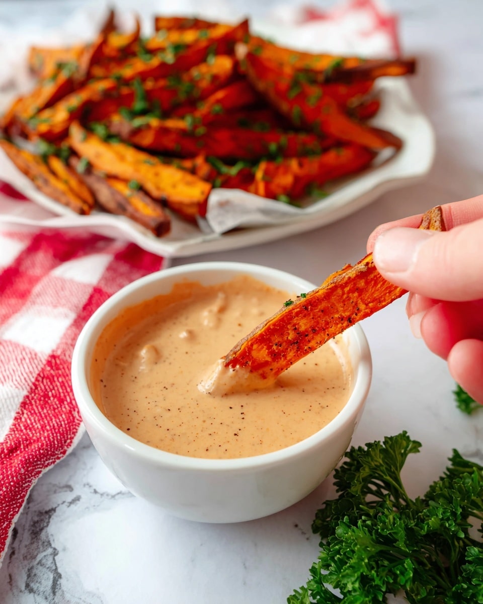 A close-up of a woman’s hand holding a thick orange-brown sweet potato fry dipped partly in a creamy light brown sauce with small spices visible in it. Below, a white bowl filled with the smooth sauce sits on a white marbled surface, next to some green parsley and a red and white checkered cloth. In the back, there is a white plate piled with more roasted sweet potato fries sprinkled with chopped green herbs. The image is bright and clear, showing the textures of the crispy fries and thick dip, photo taken with an iphone --ar 4:5 --v 7