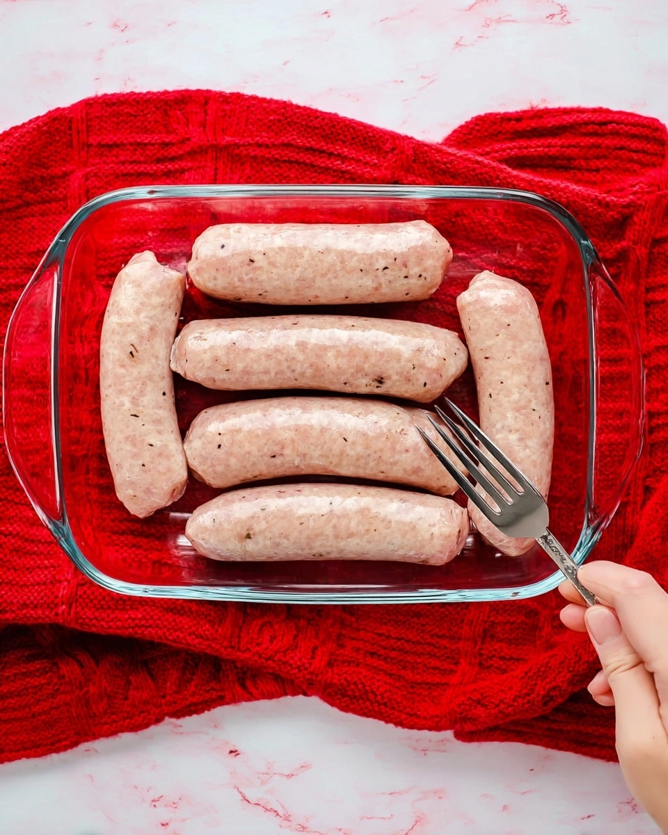 A clear glass baking dish sits on top of a bright red knitted cloth with five raw sausage links placed inside, arranged in two rows with three in the back and two in the front. The sausages are pale pink with a slightly spotted texture, each having small puncture marks made by a silver fork held by a woman's hand in the bottom right corner. The background is a white marbled texture. photo taken with an iphone --ar 4:5 --v 7