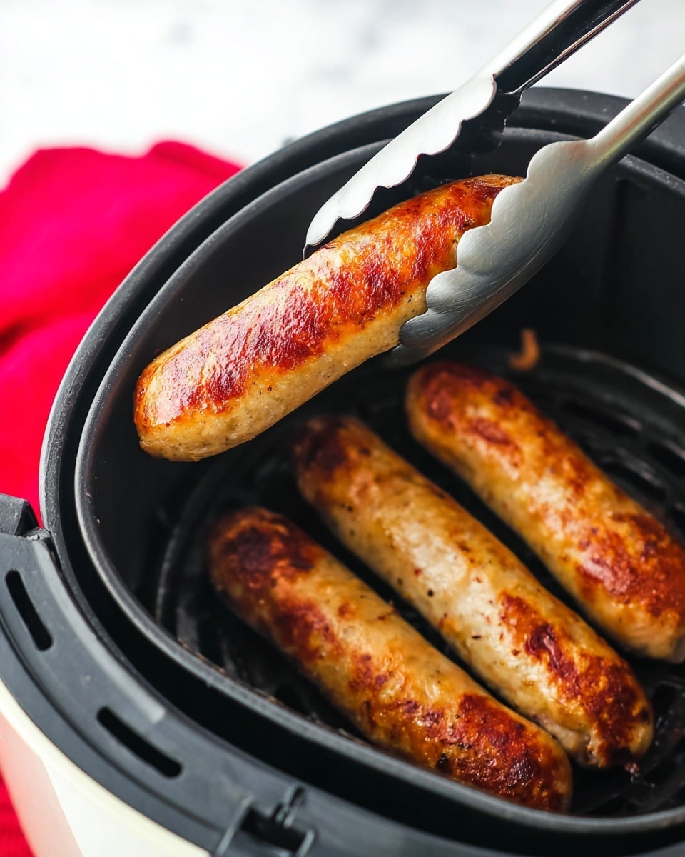 A close-up image showing four golden-brown sausages inside a black air fryer basket. One sausage is held by black tongs with silver handles above the basket, showing a crispy, slightly speckled surface with a warm, cooked texture. The air fryer is on a white marbled surface with a vibrant red cloth beneath it. photo taken with an iphone --ar 4:5 --v 7
