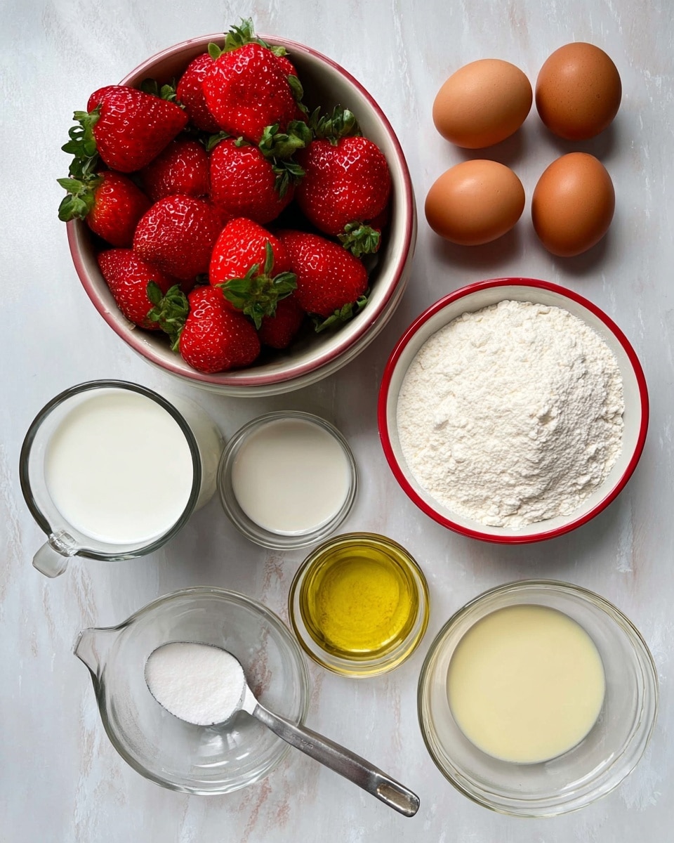 This image shows a top view of ingredients on a white marbled surface: a white bowl filled with bright red strawberries with green leaves at the top center, four brown eggs placed in the top right, a glass bowl of white flour with a red rim in the middle, a small glass bowl of yellow liquid near the bottom right, a clear glass bowl of white sugar on the left, a small white bowl of pale yellow liquid near the bottom center, a clear glass cup of milk at the middle left, and a metal measuring spoon with white powder near the bottom left. All items are neatly arranged with natural lighting. photo taken with an iphone --ar 4:5 --v 7