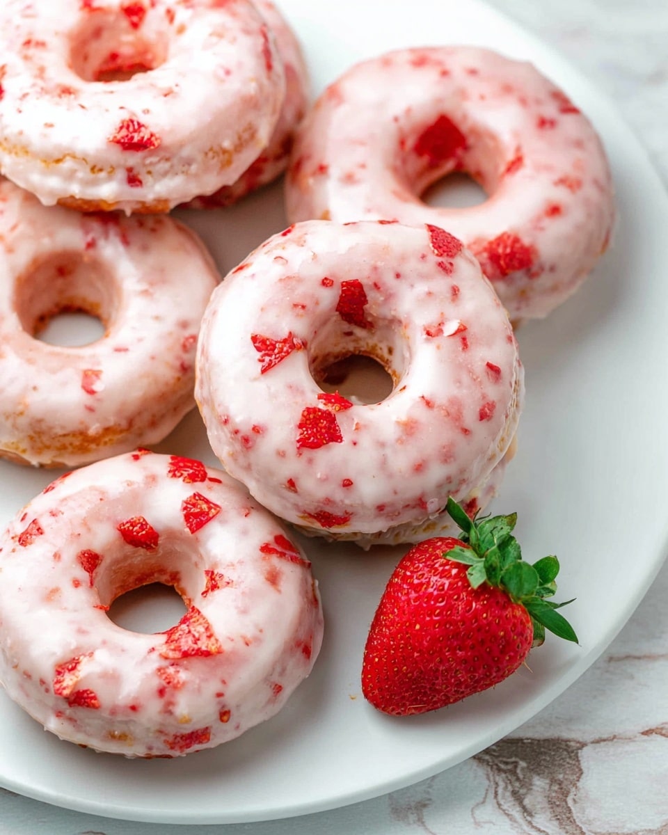 The image shows five round donuts on a white plate with a white marbled background. Each donut has one visible layer covered with a pale pink glaze that is mixed with small red strawberry pieces spread unevenly across the surface. The donuts have a soft texture with holes in the middle. A whole fresh strawberry with green leaves sits on the plate next to the donuts, adding a bright red and green color contrast. The lighting is bright and soft, highlighting the shiny glaze and the fresh fruit details. photo taken with an iphone --ar 4:5 --v 7
