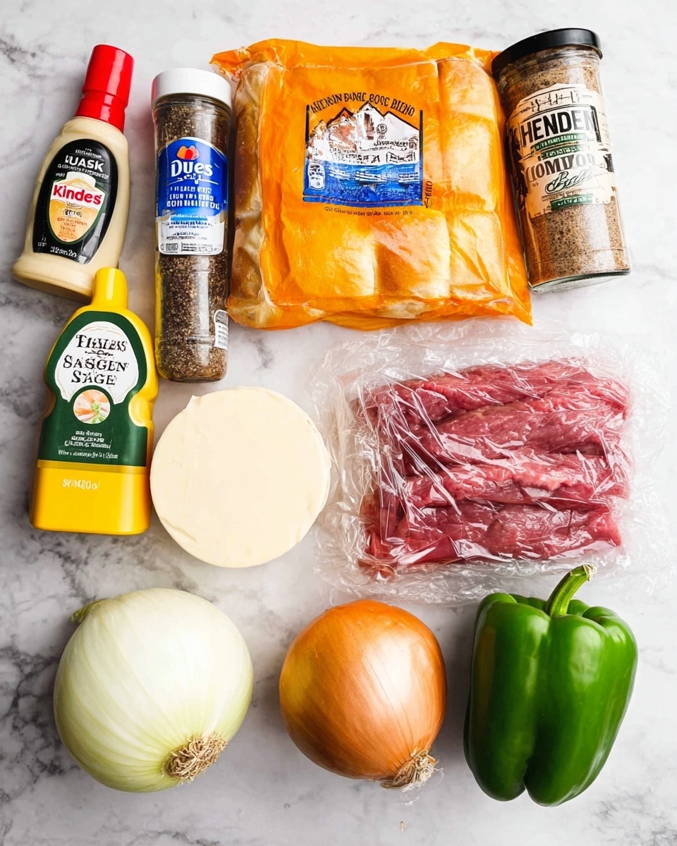 The image shows a selection of ingredients placed neatly on a white marbled surface. There is a pack of King's Hawaiian sweet rolls in an orange bag in the center. To the right of the rolls is a pack of raw sirloin strips wrapped in plastic next to a round slice of white cheese still in its wrapper. Below those are a green bell pepper, a whole yellow onion, and a garlic bulb. On the left side, there is a bottle of Duke's mayonnaise, a stick of salted butter, a bottle of Worcestershire sauce, a small jar of ground pepper, and a larger jar of Kinders seasoning blend. All items are unopened and arranged in a flat lay style, showing their labels and textures clearly. photo taken with an iphone --ar 4:5 --v 7