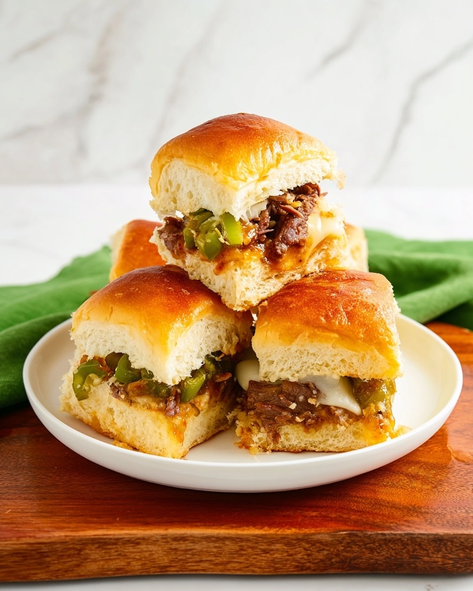 The image shows four small sandwich sliders stacked on a white plate, which sits on a wooden board with a white marbled background. Each slider has two layers of soft, shiny golden-brown bread topped with small bits of toasted garlic. Inside, there are layers of cooked beef pieces, melted cheese, green peppers, and onions, all slightly oozing out from between the bread. One slider is positioned on top of the others, showing the inside clearly with a close look at the juicy beef and vegetables. A green cloth is partly visible behind the plate. Photo taken with an iphone --ar 4:5 --v 7