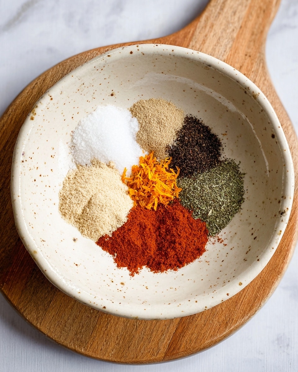 A large white speckled bowl holds six separate piles arranged in a semi-circle. Starting from the bottom left and moving clockwise, there is coarse white salt, black pepper powder with a slightly coarse texture, beige garlic powder, bright red paprika powder, green dried herb powder, and dark brown ground spice. In the center of the semi-circle is a small pile of bright orange finely grated zest. The bowl rests on a round wooden board placed on a white marbled surface. photo taken with an iphone --ar 4:5 --v 7