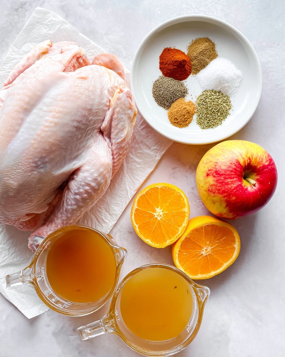 The image shows raw turkey on white parchment paper, placed on a white marbled surface. To the right of the turkey are two orange halves with bright orange flesh and a whole red apple with yellow patches. Above the turkey, a white bowl contains seven piles of seasonings arranged in a rough circle: salt (white), black pepper (dark greenish-gray), garlic powder (off-white), paprika (reddish brown), ground cumin (dark brown), ground coriander (greenish brown), and fresh orange zest (bright orange). Below the bowl and turkey, two clear glass measuring cups filled with amber and pale orange liquids sit side by side. The scene is bright and clear with natural lighting, photo taken with an iphone --ar 4:5 --v 7