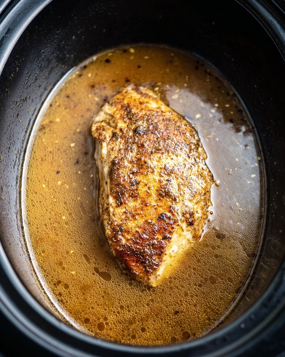 A single cooked piece of seasoned chicken with a golden brown, slightly charred surface lies in the center of a black slow cooker filled with light brown broth that has small oil droplets floating on the surface. photo taken with an iphone --ar 4:5 --v 7
