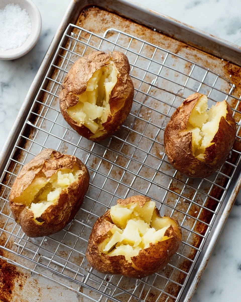 Four baked potatoes are shown on a silver wire rack over a baking tray with rust marks. Each potato is cracked open revealing fluffy pale yellow inside with soft and rough brown skin on the outside. The whole setup is placed on a white marbled surface with a small white marble bowl containing salt nearby. photo taken with an iphone --ar 4:5 --v 7