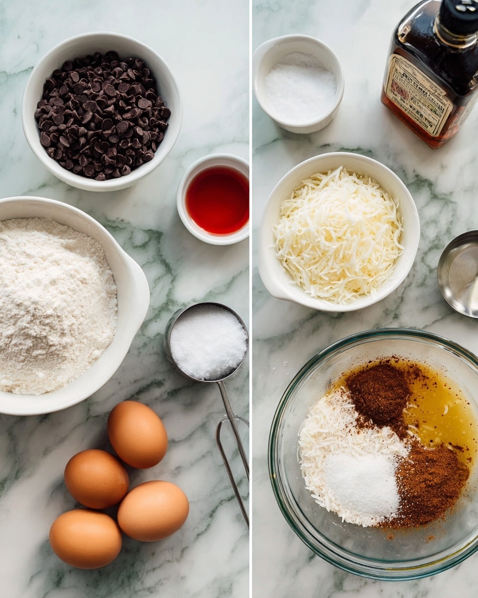The image shows two parts of a cooking setup on a white marbled surface. On the left side, there are several white bowls and cups holding ingredients: at the top, a white bowl with dark brown chocolate chips; below it, a white bowl with shredded coconut; a small white cup with a red liquid (likely vanilla or syrup); a metal measuring cup filled with white sugar; and at the bottom, a white bowl with three brown eggs. On the right side, two glass bowls are shown, one at the top filled with dry ingredients including sugar, shredded coconut, and brown powder (likely cinnamon), and the other below it holding wet ingredients including eggs mixed with syrup. A bottle of vanilla extract is partially visible on the top right corner. photo taken with an iphone --ar 4:5 --v 7