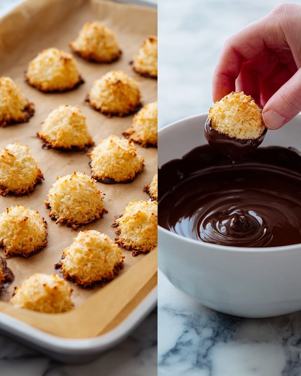 The image shows two parts: on the left, there is a white baking tray lined with brown parchment paper holding rows of small, round coconut cookies with a golden-brown, slightly rough texture, each cookie puffed up like a small dome. On the right, a white bowl is filled with dark melted chocolate, and a woman's hand is dipping one of the coconut cookies halfway into the smooth, shiny chocolate, with the baking tray still visible in the blurred background. All of this is placed on a white marbled surface. photo taken with an iphone --ar 4:5 --v 7