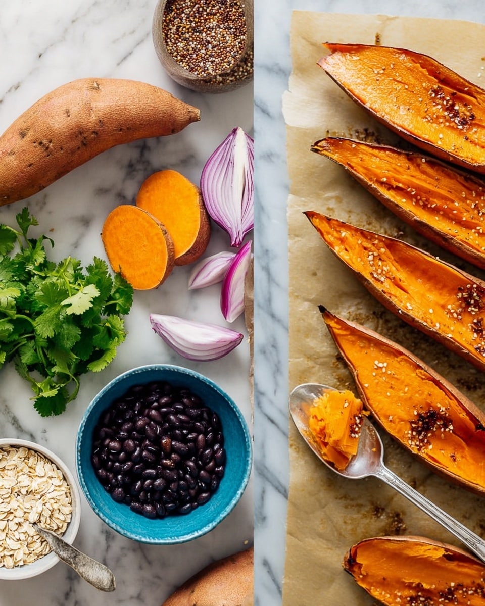 The image shows roasted sweet potatoes sliced into long, thick pieces with a bright orange inside and a slightly dark, crispy edge. A spoon scoops out some soft sweet potato flesh from one of the pieces, revealing a smooth texture. The sweet potatoes sit on light brown baking paper on a white marbled surface. Next to this, there are fresh ingredients laid out: whole and sliced sweet potatoes with orange skin, a small pile of green cilantro leaves, half of a purple onion, a blue bowl filled with black beans, a measuring cup of mixed quinoa, and a blue bowl with oats. The scene is bright and clean, with a clear focus on natural colors and textures. Photo taken with an iphone --ar 4:5 --v 7