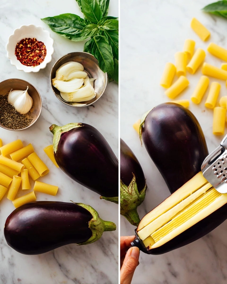The left part of the image shows two whole dark purple eggplants with shiny skin laying on a white marbled surface, next to fresh green basil leaves and some uncooked yellow rigatoni pasta pieces scattered around. There is a white fluted bowl with red chili flakes and a silver bowl containing halved white onions, peeled garlic cloves, dried herbs, and crushed tomatoes. The right part of the image shows two eggplants on the same white marbled surface, one being peeled with a silver peeler, revealing a smooth pale yellow inside in long vertical strips. A woman's hand holds the peeler in action. Photo taken with an iphone --ar 4:5 --v 7