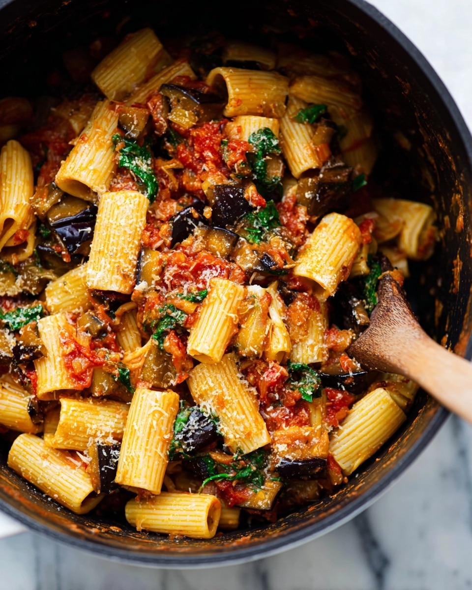 A close-up view of a black pot filled with a mixed pasta dish showing about three to four layers: large tube-shaped rigatoni pasta in light yellow with a soft texture, pieces of cooked eggplant in dark purple and green spinach leaves mixed throughout, and chunky tomato sauce in red with bits of grated light yellow cheese sprinkled over, all stirred with a wooden spoon partially visible on the right side; the pot is placed on a white marbled surface photo taken with an iphone --ar 4:5 --v 7