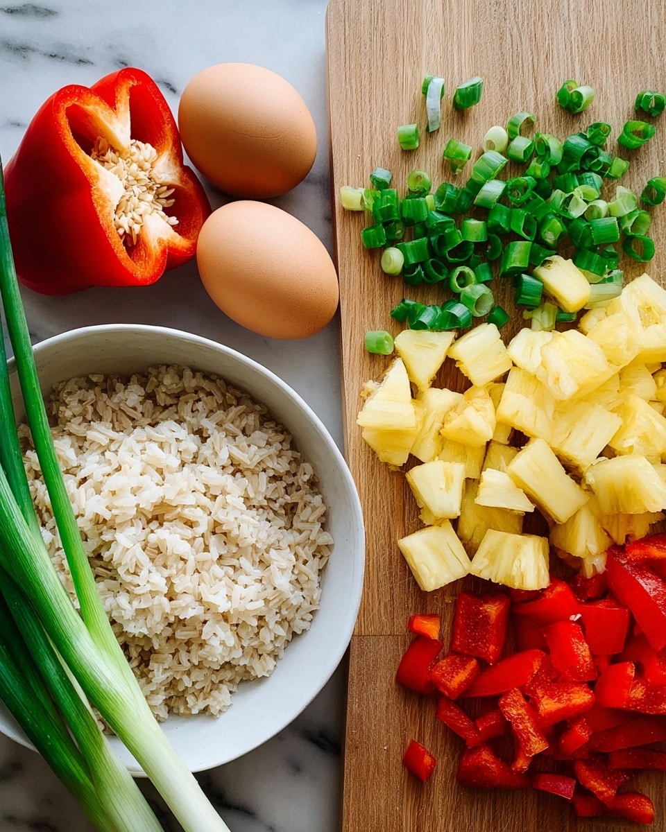 The image shows two parts: on the left, a wooden board holds a white bowl filled with light brown cooked rice, two brown eggs, green onions standing up, and one red bell pepper cut in half with the inside seeds visible. The background here is a white marbled texture. On the right, a close-up view of a wooden cutting board displays chopped red bell pepper pieces, yellow pineapple chunks, and green onion rings scattered across its surface. photo taken with an iphone --ar 4:5 --v 7