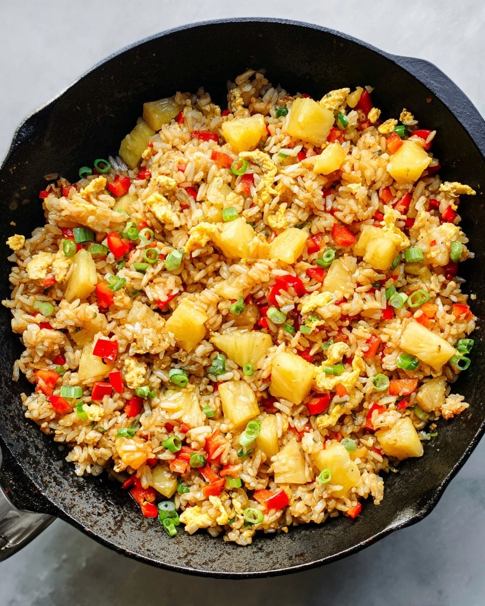 A black cast iron pan filled with colorful fried rice that has three main layers: diced bright yellow pineapple pieces, small chunks of scrambled light yellow eggs, red bell pepper squares, and bits of green onions, all mixed with golden-brown cooked rice grains. The ingredients are spread evenly inside the pan with some small browned spots visible on the eggs and rice, showing a slight crisp texture. The pan sits on a white marbled texture surface. photo taken with an iphone --ar 4:5 --v 7