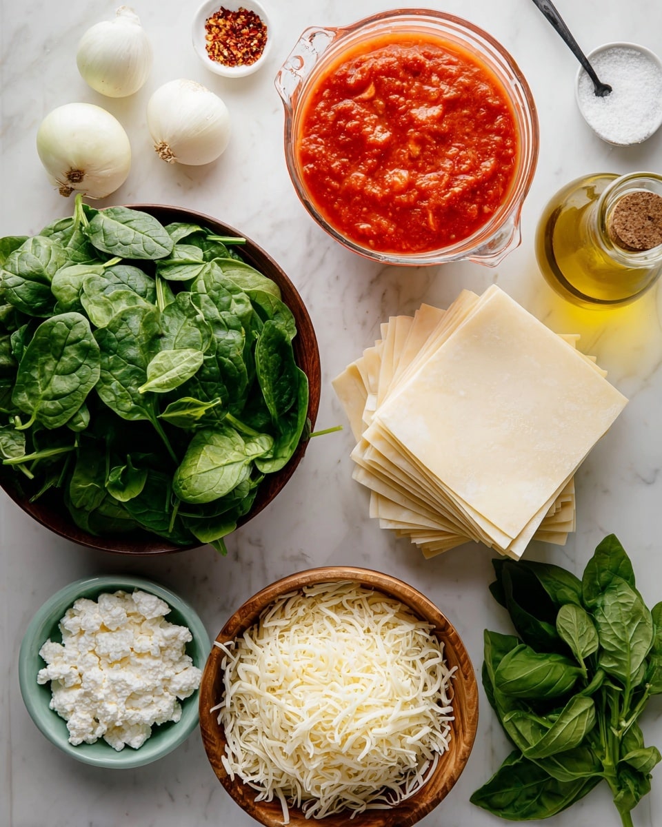 A clear glass bowl filled with bright green fresh spinach leaves sits on the bottom left, next to a wooden bowl full of shredded white cheese positioned at the bottom right. To the right of the spinach is a neat stack of pale lasagna sheets arranged on a white marbled surface. Above the lasagna is a glass measuring cup filled with a vibrant red chunky tomato sauce. On the top left, there are two white onion halves and a whole garlic bulb, a small white dish with red pepper flakes, and a light blue bowl filled with white cottage cheese. To the top right, there is a white container of salt with a spoon and a glass bottle filled with golden olive oil, accompanied by a sprig of fresh green basil leaves on the white marbled background. photo taken with an iphone --ar 4:5 --v 7