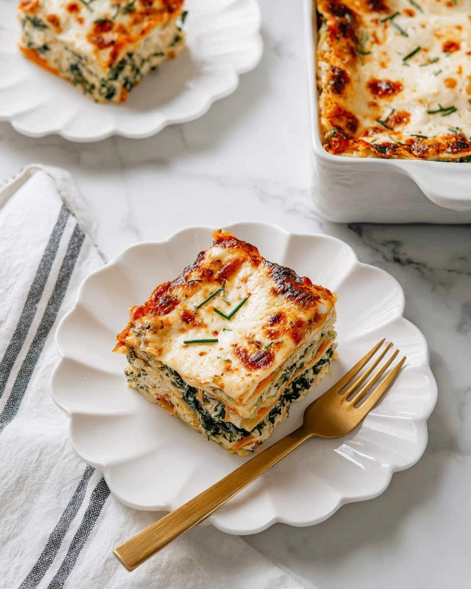 A piece of lasagna with three visible layers sits on a white plate with a wavy edge, next to a gold fork. The top layer is a white cheese melted with light golden brown spots and small green herb strips. Below, the middle layer shows dark green spinach mixed with creamy white sauce. The bottom layer contains lighter pasta sheets. Another similar piece is partially visible on a second white plate above, while a white baking dish to the right holds the rest of the lasagna with the same cheese topping and herb garnish. All sit on a white marbled surface with a white and navy striped cloth near the bottom left. Photo taken with an iphone --ar 4:5 --v 7
