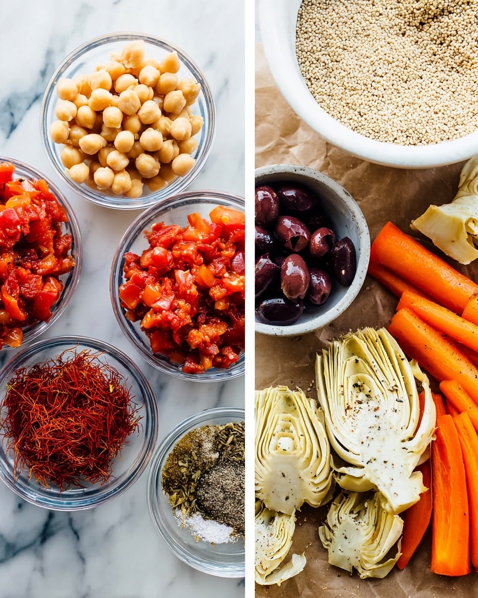 The image shows several ingredients on a white marbled surface, divided into two sections. On the left side, there are four clear small glass bowls holding chopped tomatoes with red and orange tones, bright saffron threads, and rich red paprika powder, along with a white bowl filled with pale beige chickpeas and a white bowl with light brown rice grains. On the right side, there are sliced dark purple olives with shiny textures, thinly sliced white artichoke hearts seasoned with black pepper, and bright orange carrot sticks, all placed closely together on a brown parchment paper. The colors contrast nicely with the white marbled background. photo taken with an iphone --ar 4:5 --v 7